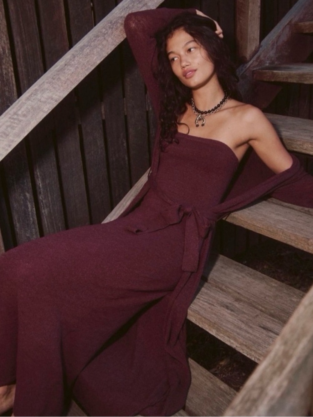 Free People Strapless Knit Maxi Dress Set in Deep Wine